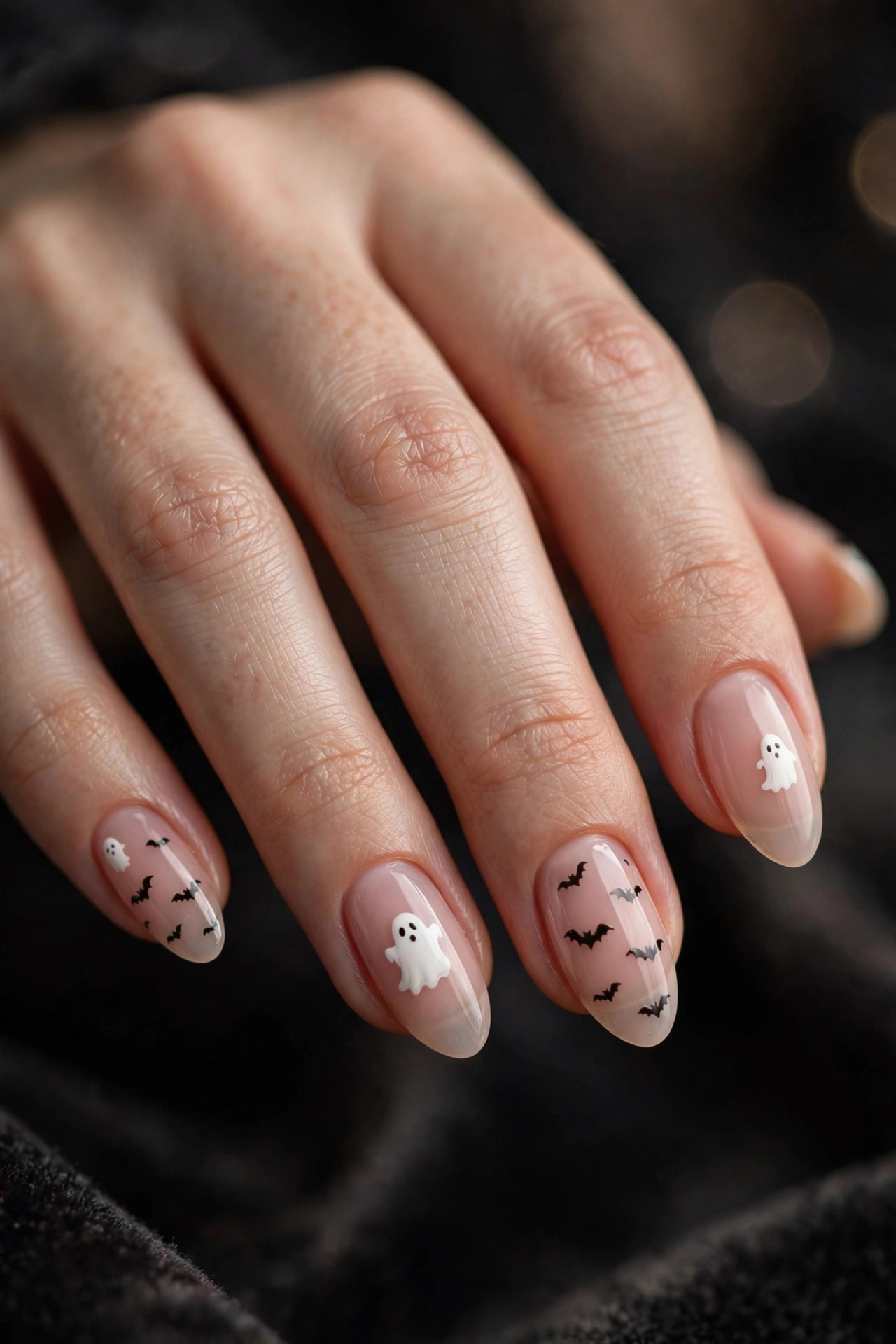 Sheer nude nails with tiny white ghost nail art and small black bat accents