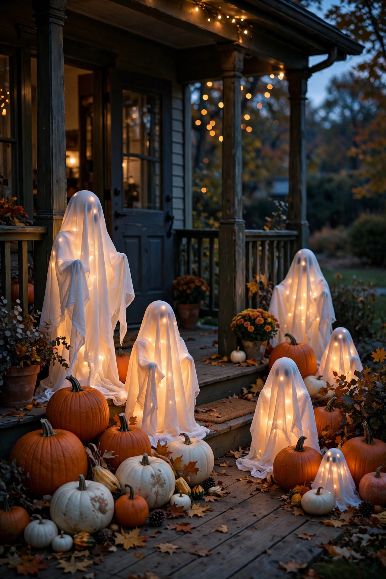 A front porch at dusk with several white glowing ghost figures of different heights arranged among pumpkins