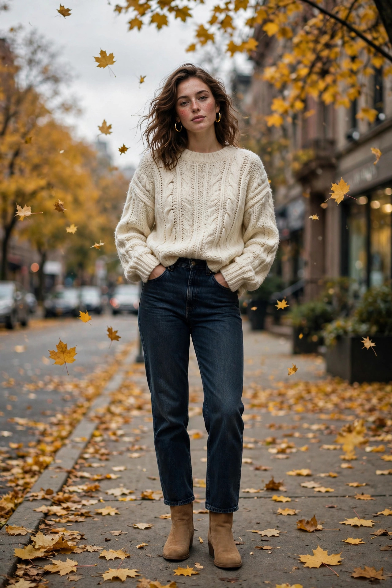 Woman wearing a chunky cream knit sweater with dark jeans and tan ankle boots on an autumn sidewalk