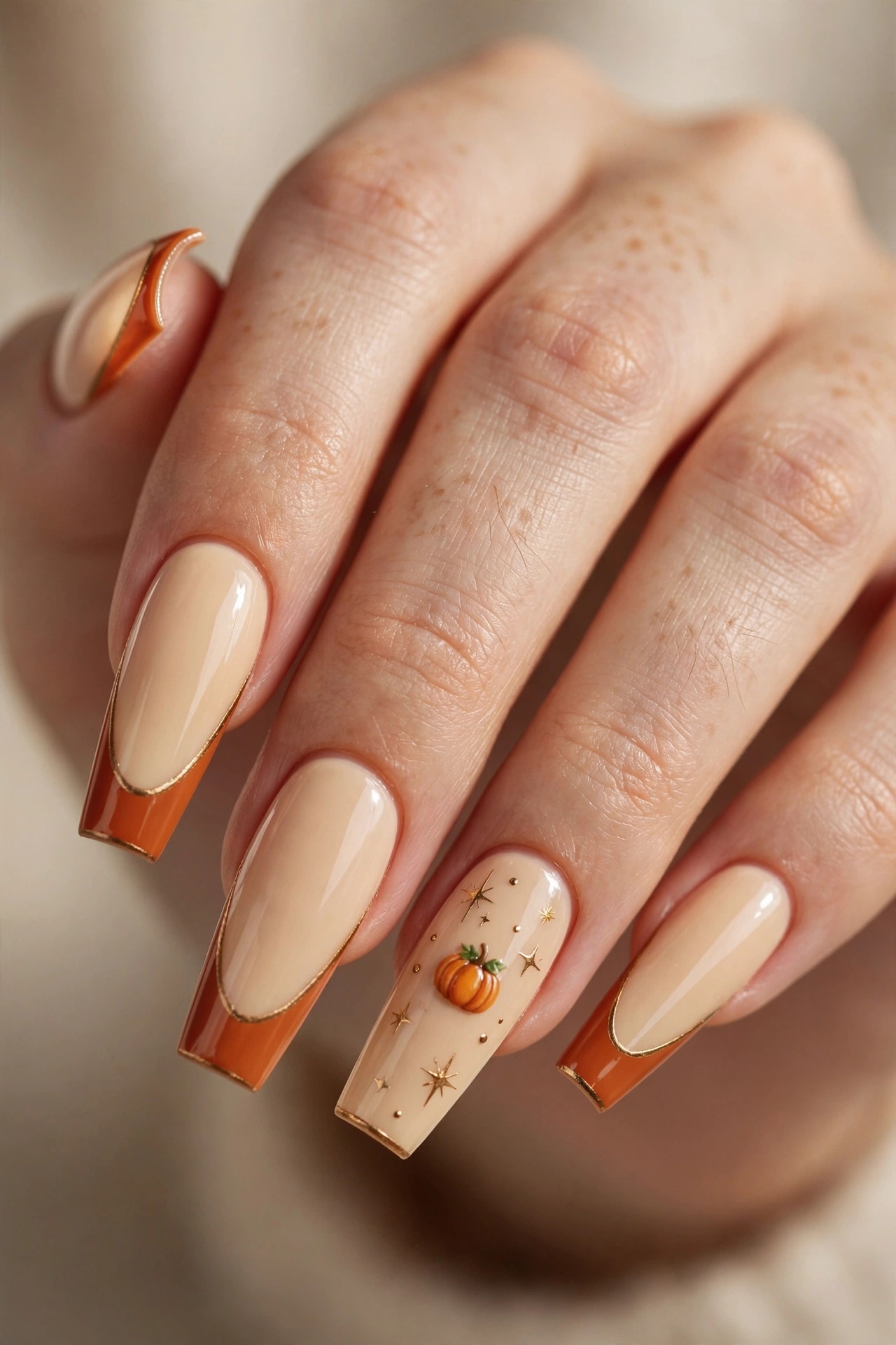 Cream nails with gold-edged burnt orange French tips and a tiny pumpkin accent nail