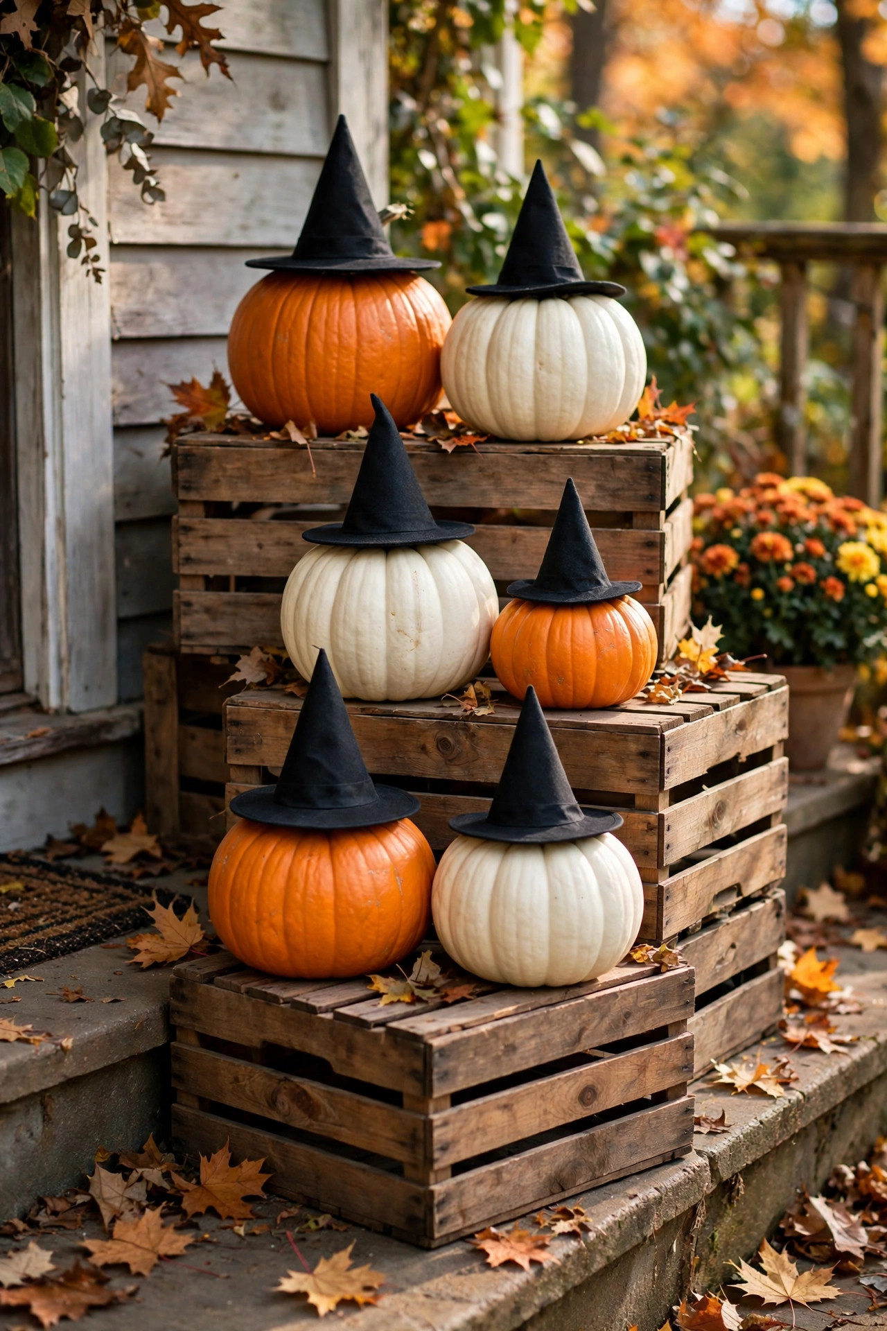 White and orange pumpkins on a porch step, each topped with a small black witch hat