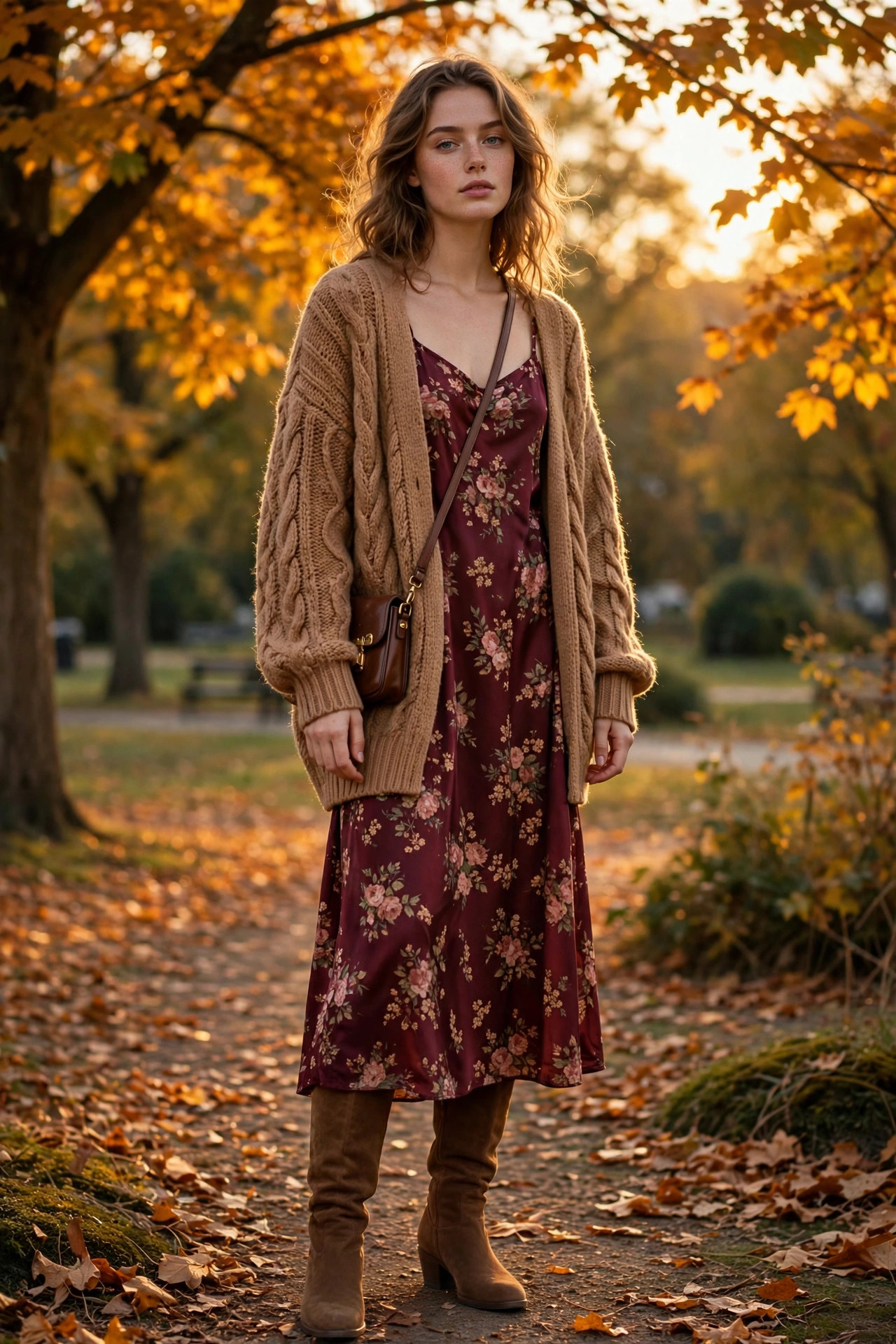 Woman wearing an oversized camel cardigan over a burgundy slip dress with knee-high boots in an autumn park