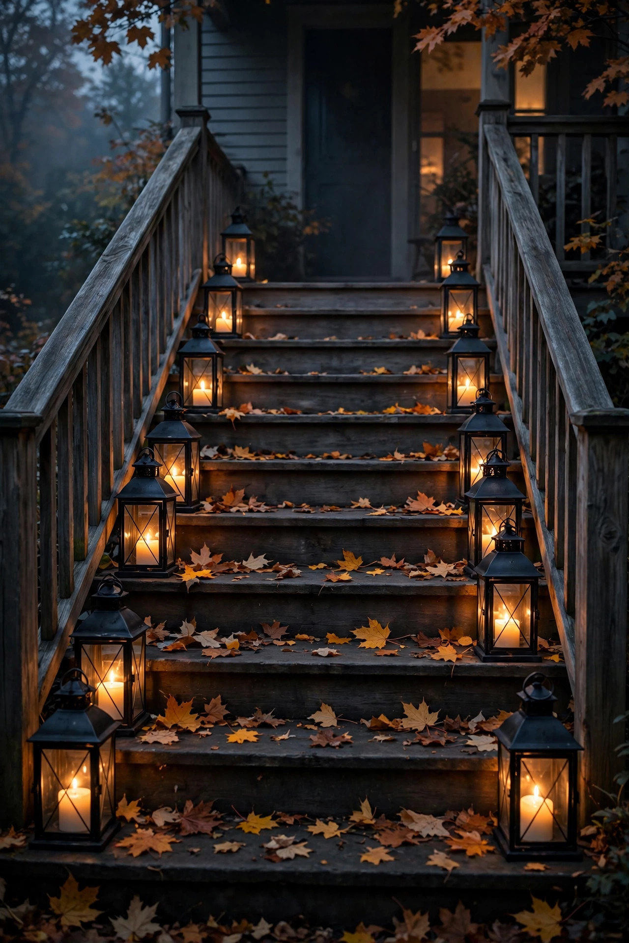 A row of black metal lanterns with flickering candles lining both sides of front porch steps