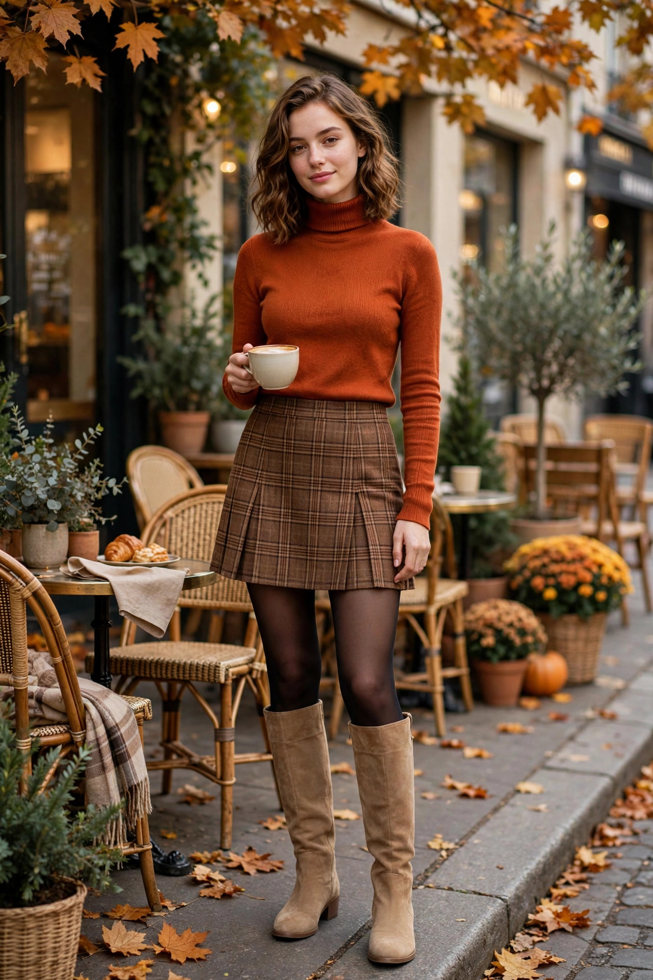 Woman wearing a rust turtleneck sweater with a plaid mini skirt and knee-high boots holding a coffee