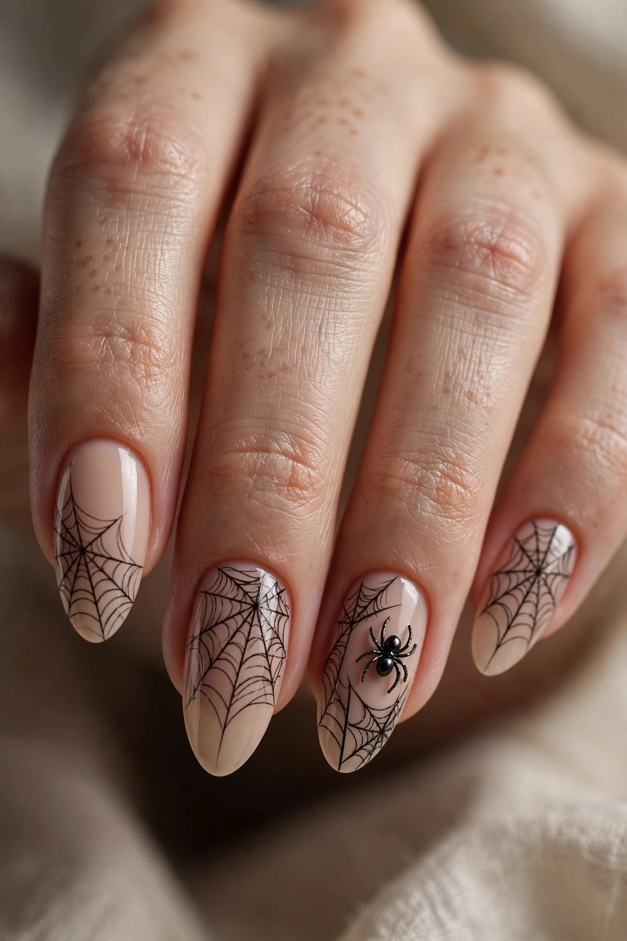 Nude beige nails with hand-painted black spiderweb nail art from the cuticles