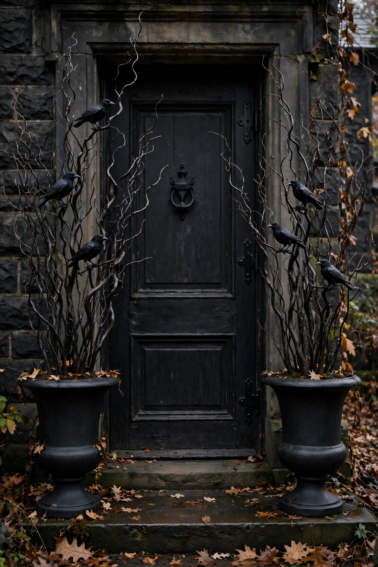 Two matte black urn planters flanking a front door, each filled with tall bare dark branches and small black crows
