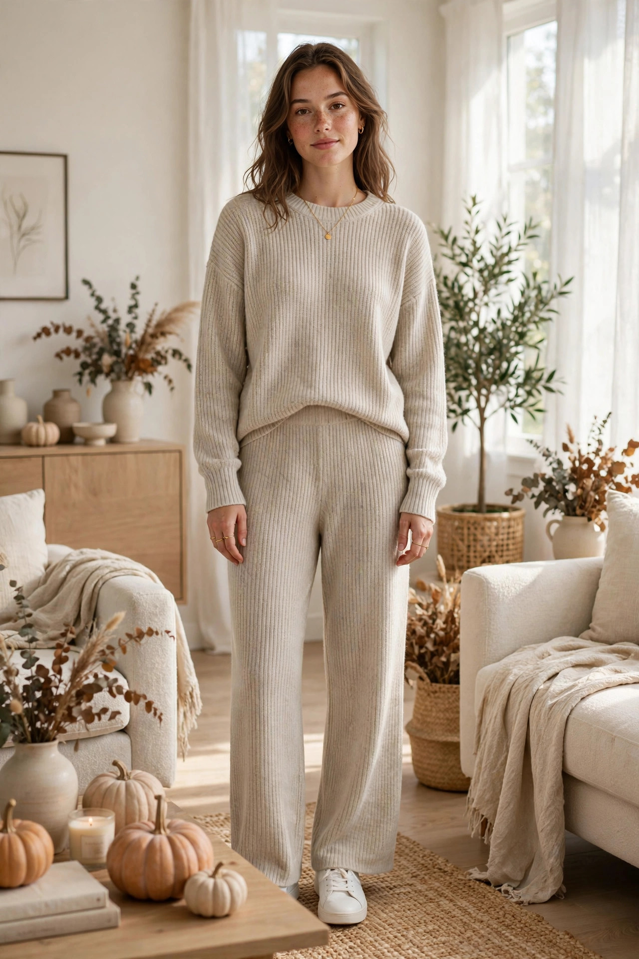 Woman wearing a matching oatmeal knit sweater set with wide-leg pants and white sneakers indoors