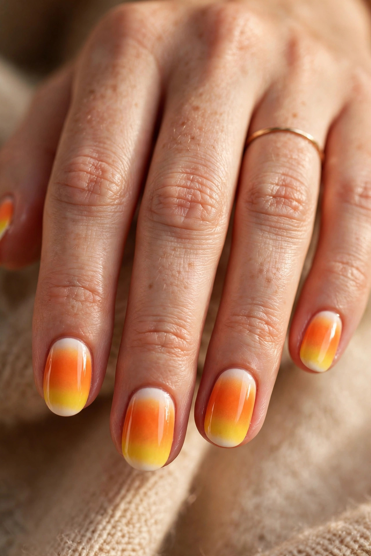 Candy corn ombre nails fading from white to orange to yellow with glossy finish