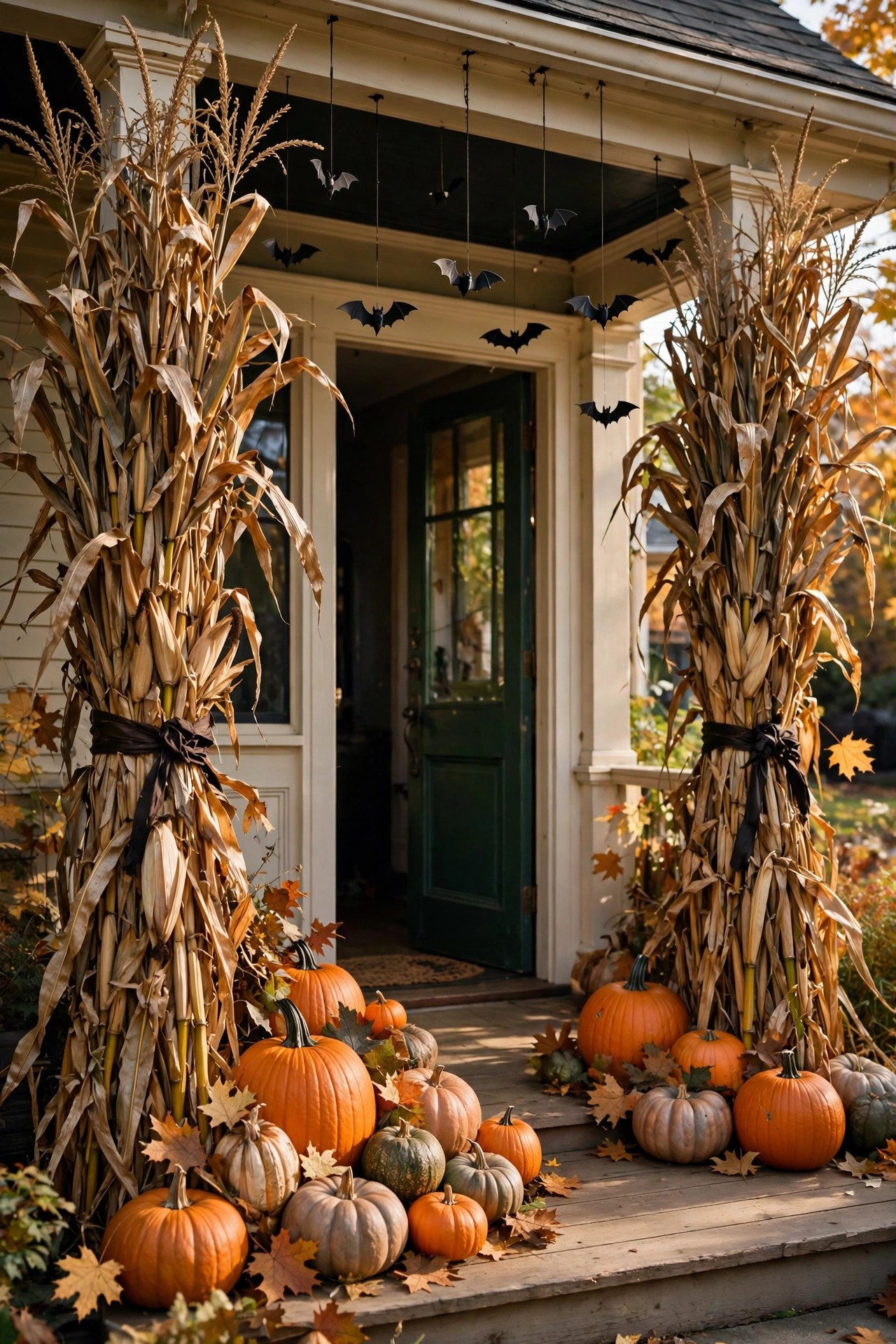 Front porch doorway framed with tall dried cornstalks tied in bundles, with pumpkins at the base