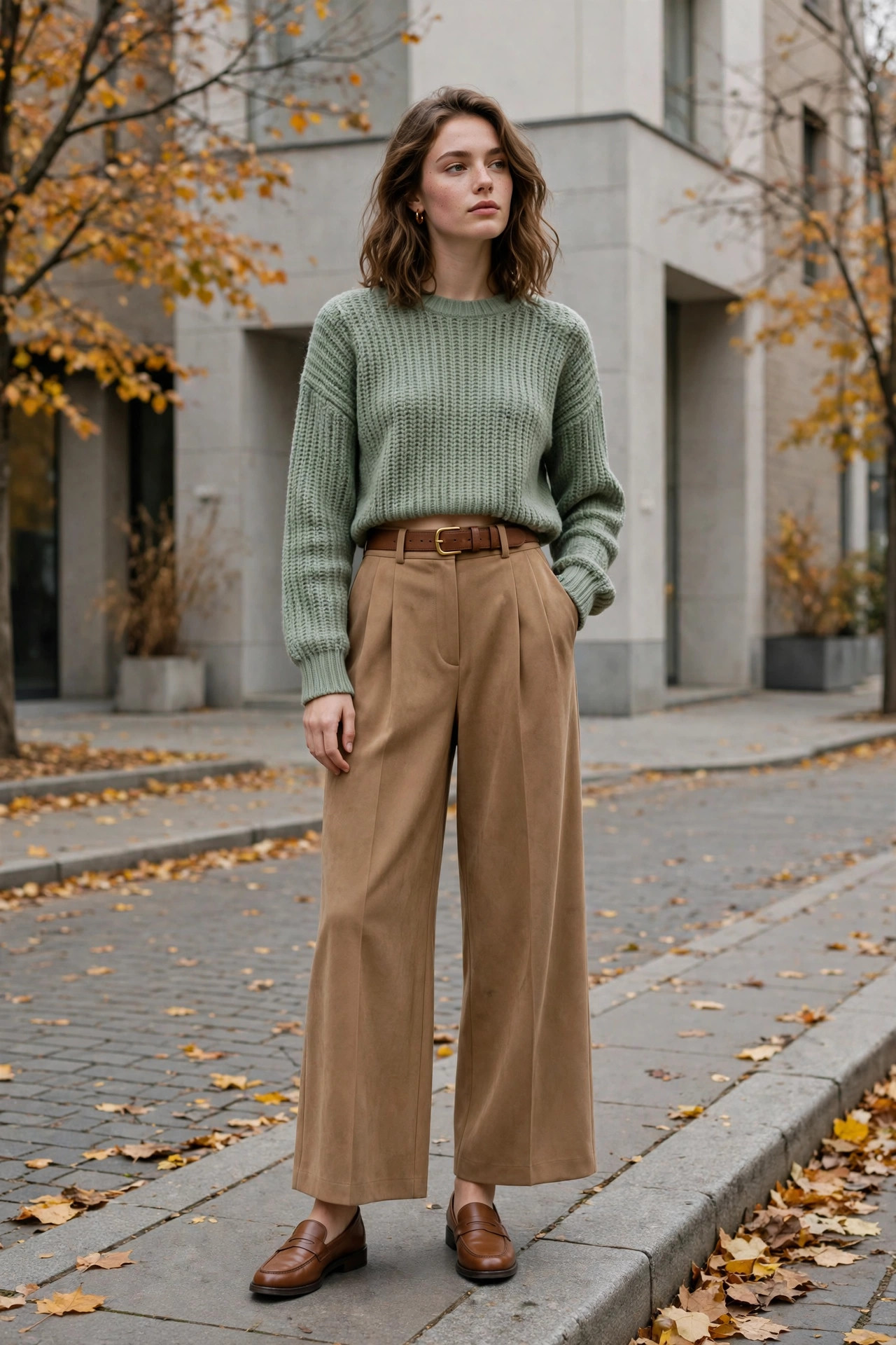Woman wearing a cropped sage green sweater with camel wide-leg trousers and loafers on a city street