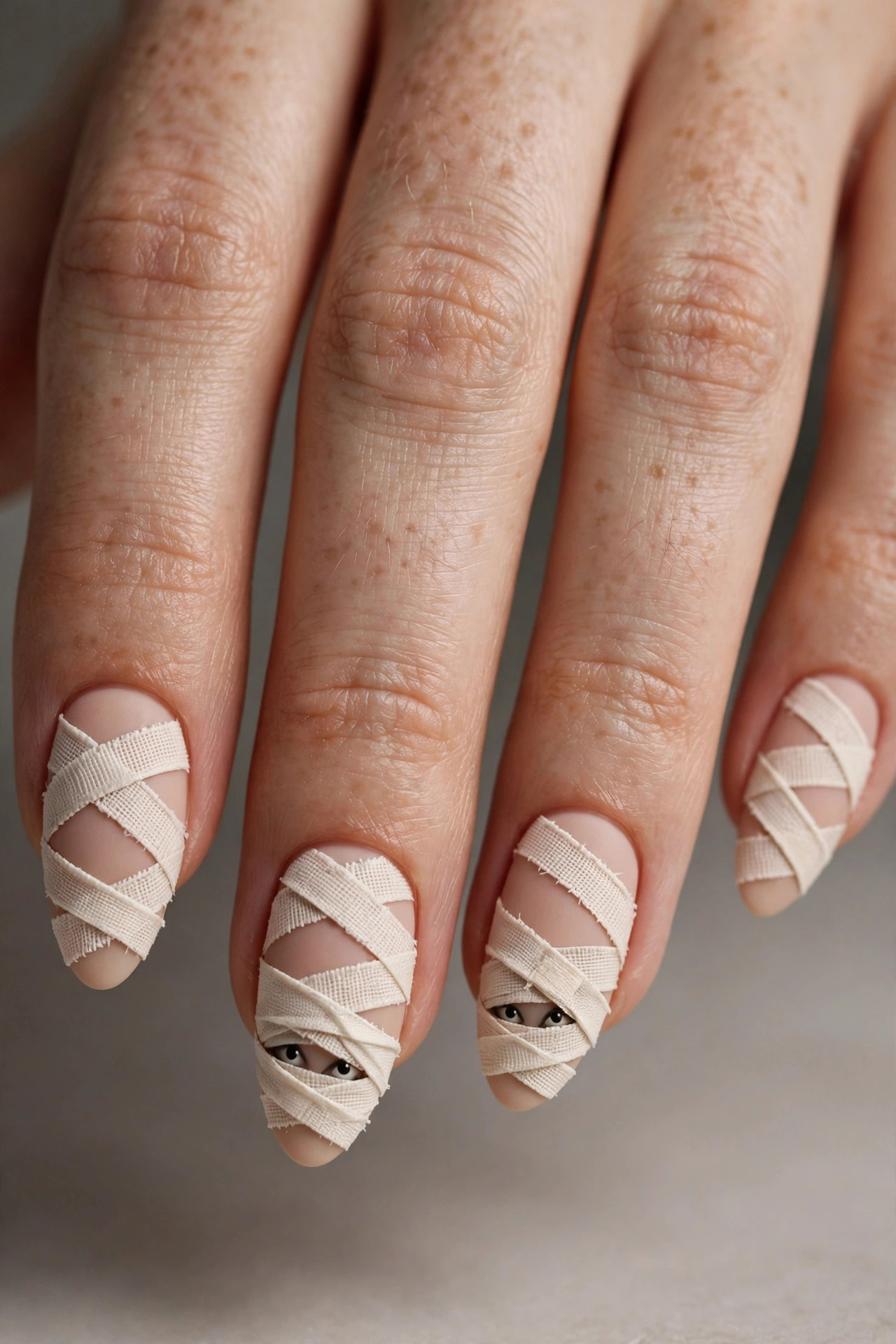Matte nude nails with ivory mummy wrap lines and tiny peeking black eyes