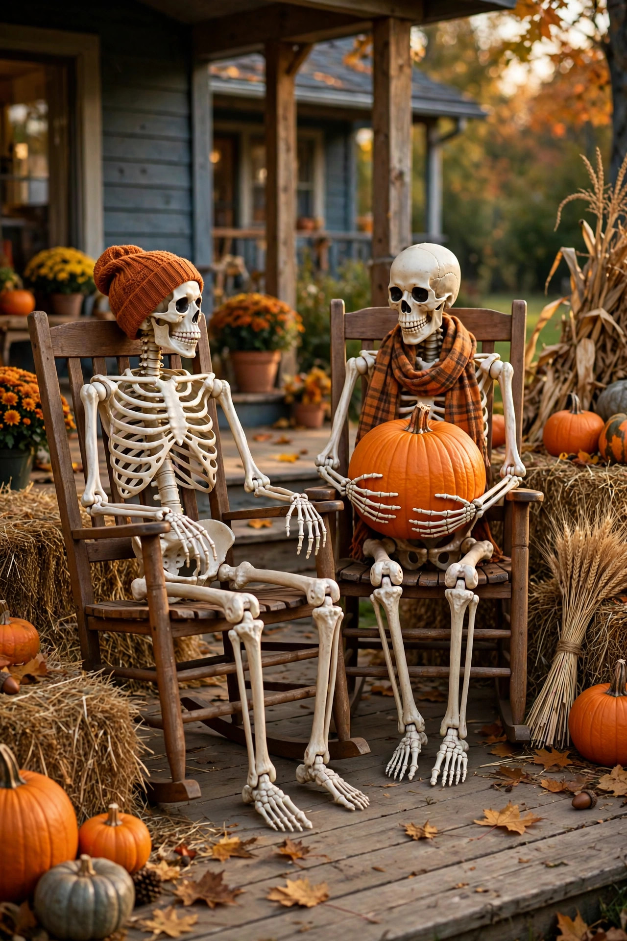 Two life-size skeletons sitting on rocking chairs on a porch, one holding a pumpkin, surrounded by hay bales