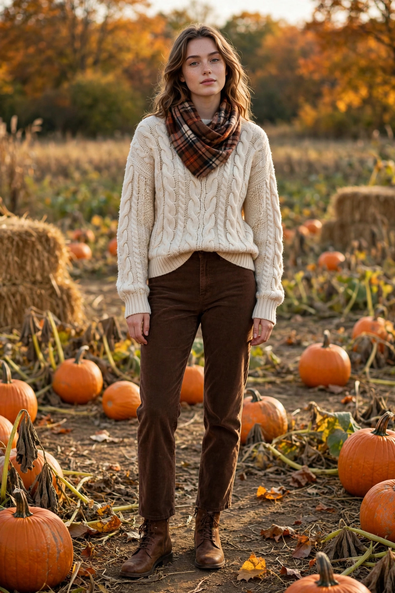 Woman wearing a cream cable-knit sweater with brown corduroy pants and a plaid scarf at a pumpkin patch