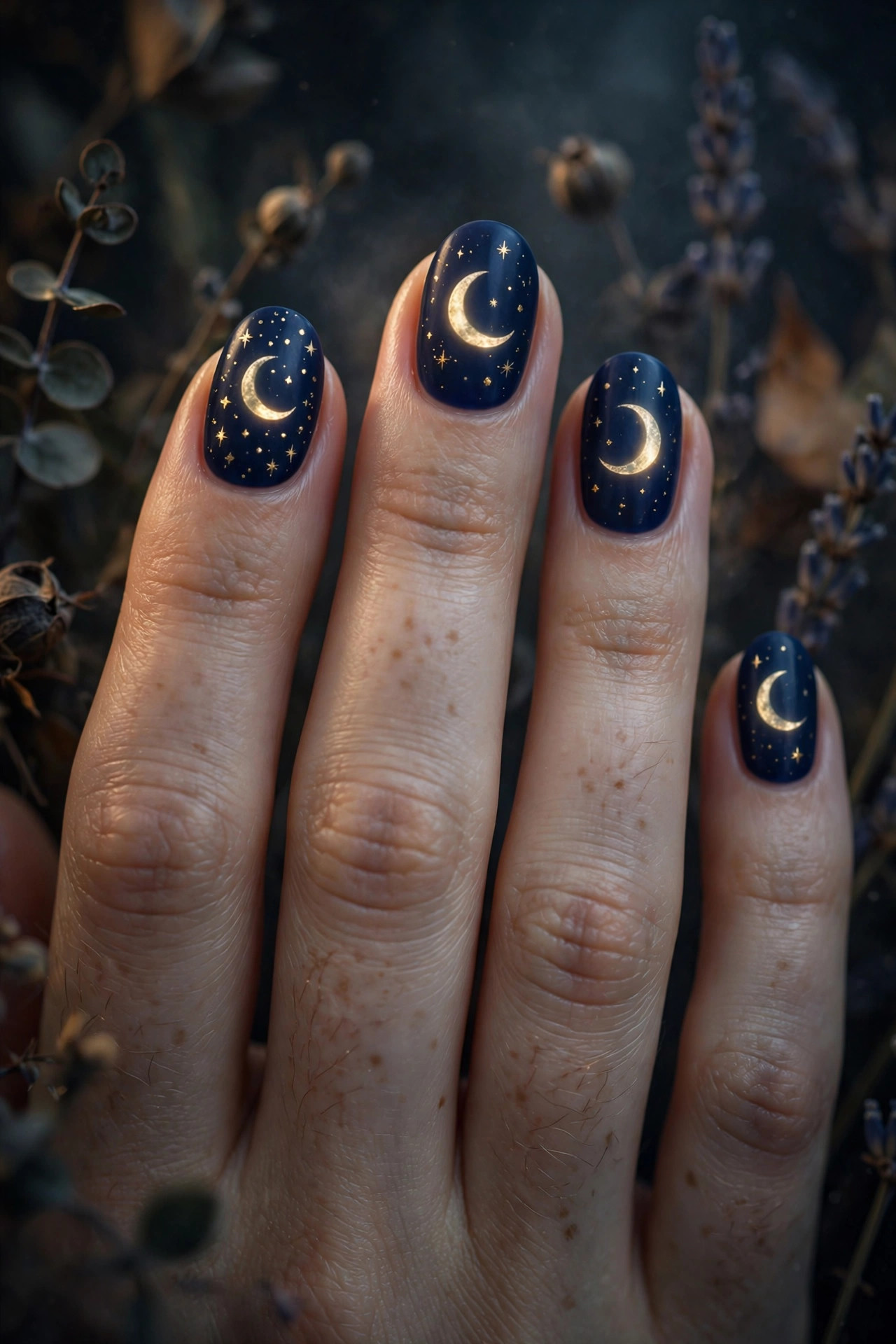 Deep navy blue nails with glowing gold crescent moons and tiny star dots