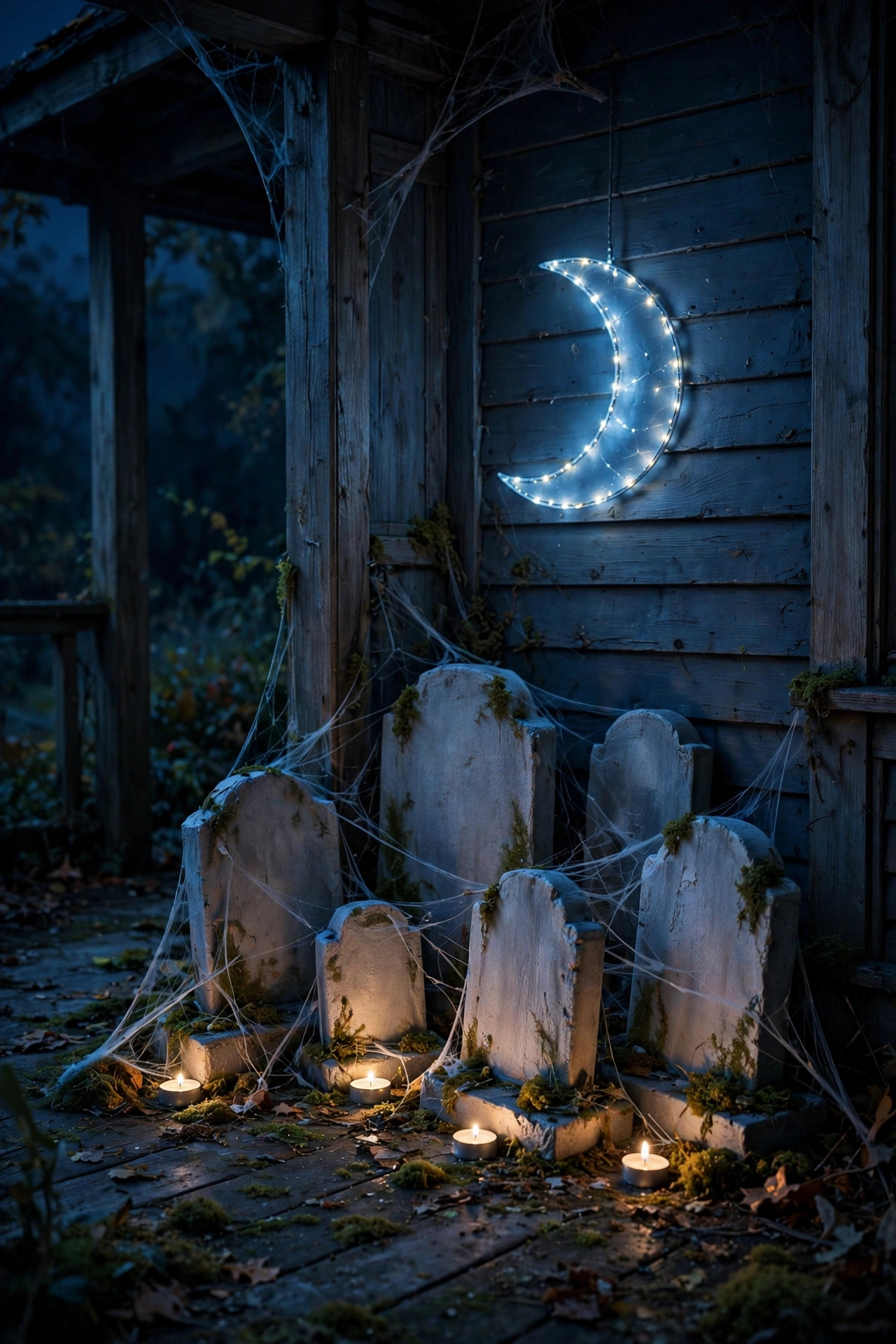 A small porch graveyard scene with foam tombstones, moss, and a glowing moon decoration behind them