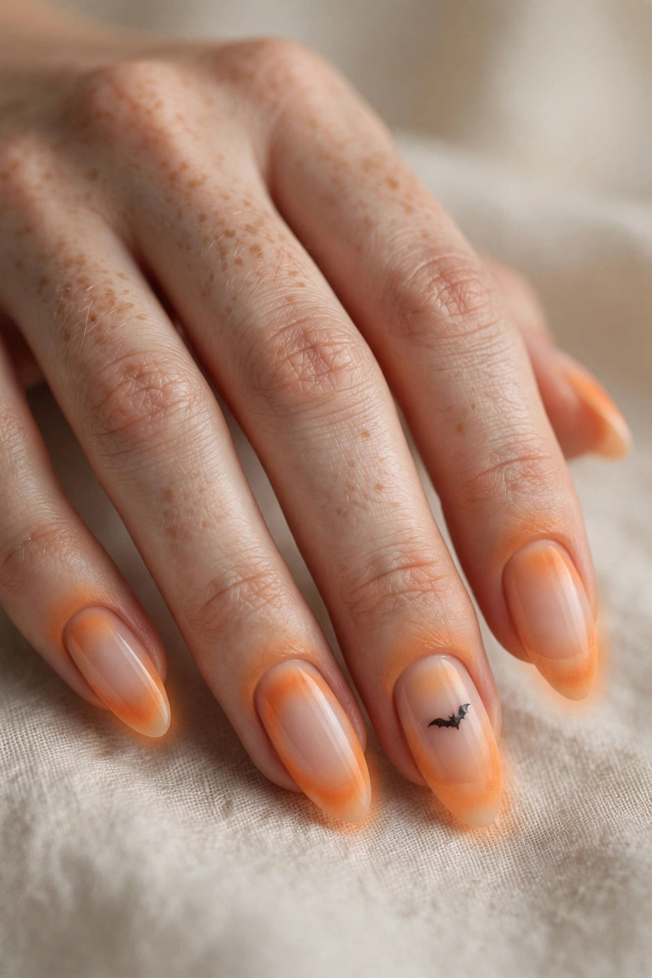 Nude nails with soft blended orange aura glow and tiny black bat silhouette