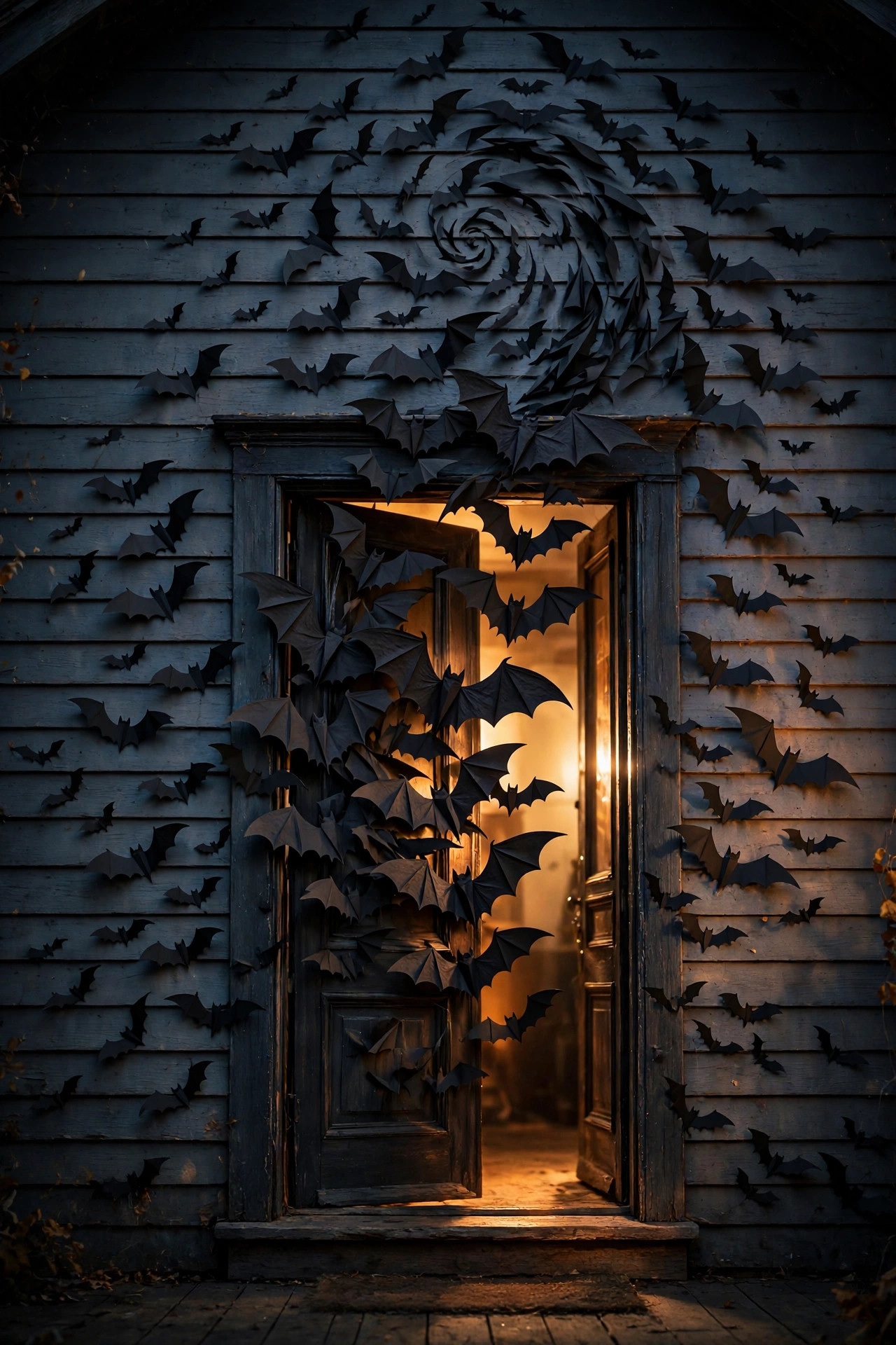 A porch wall and doorway covered with dozens of black paper bats in a swirling pattern