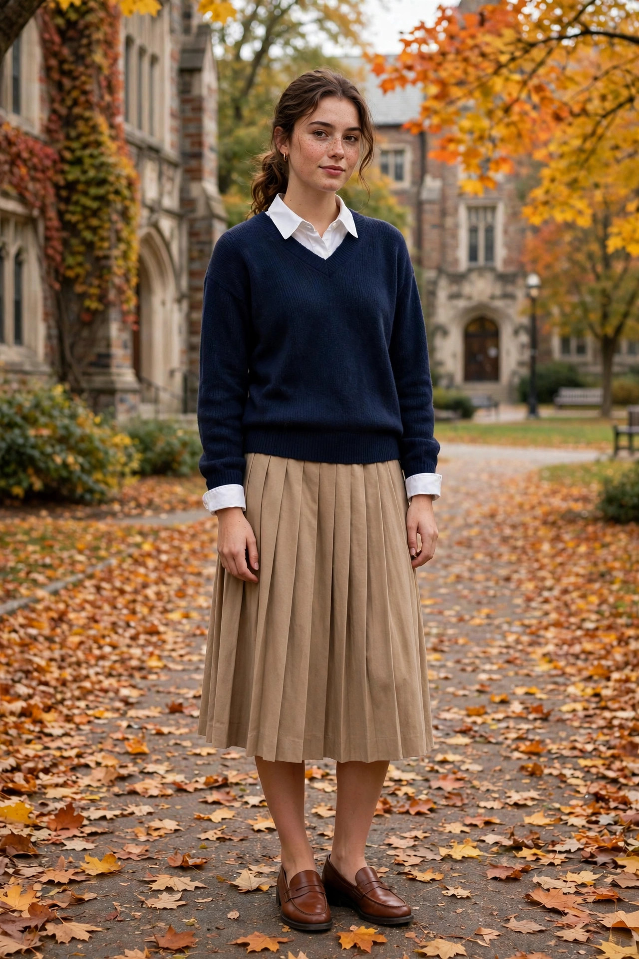 Woman wearing a navy v-neck sweater over a white collared shirt with a pleated midi skirt and loafers