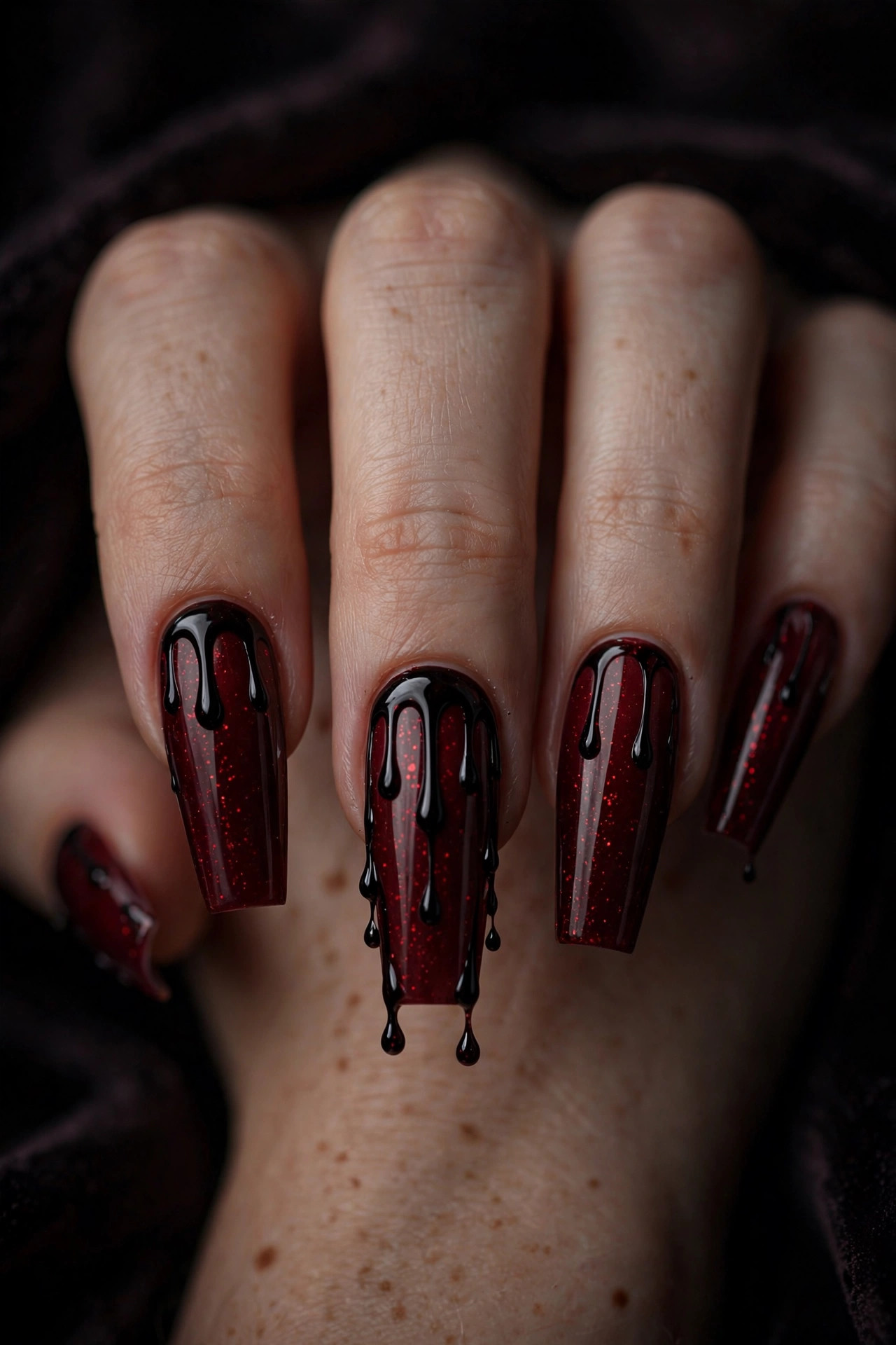 Deep burgundy red nails with glossy black blood drip nail art from the cuticles