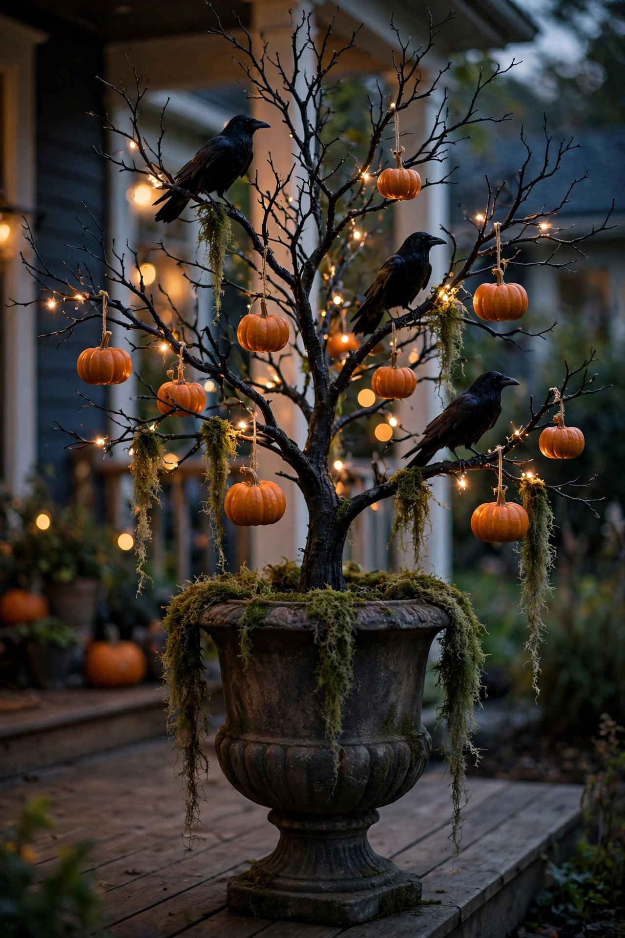 A bare black branch tree in an urn on a porch, decorated with hanging mini pumpkins, crows, and fairy lights
