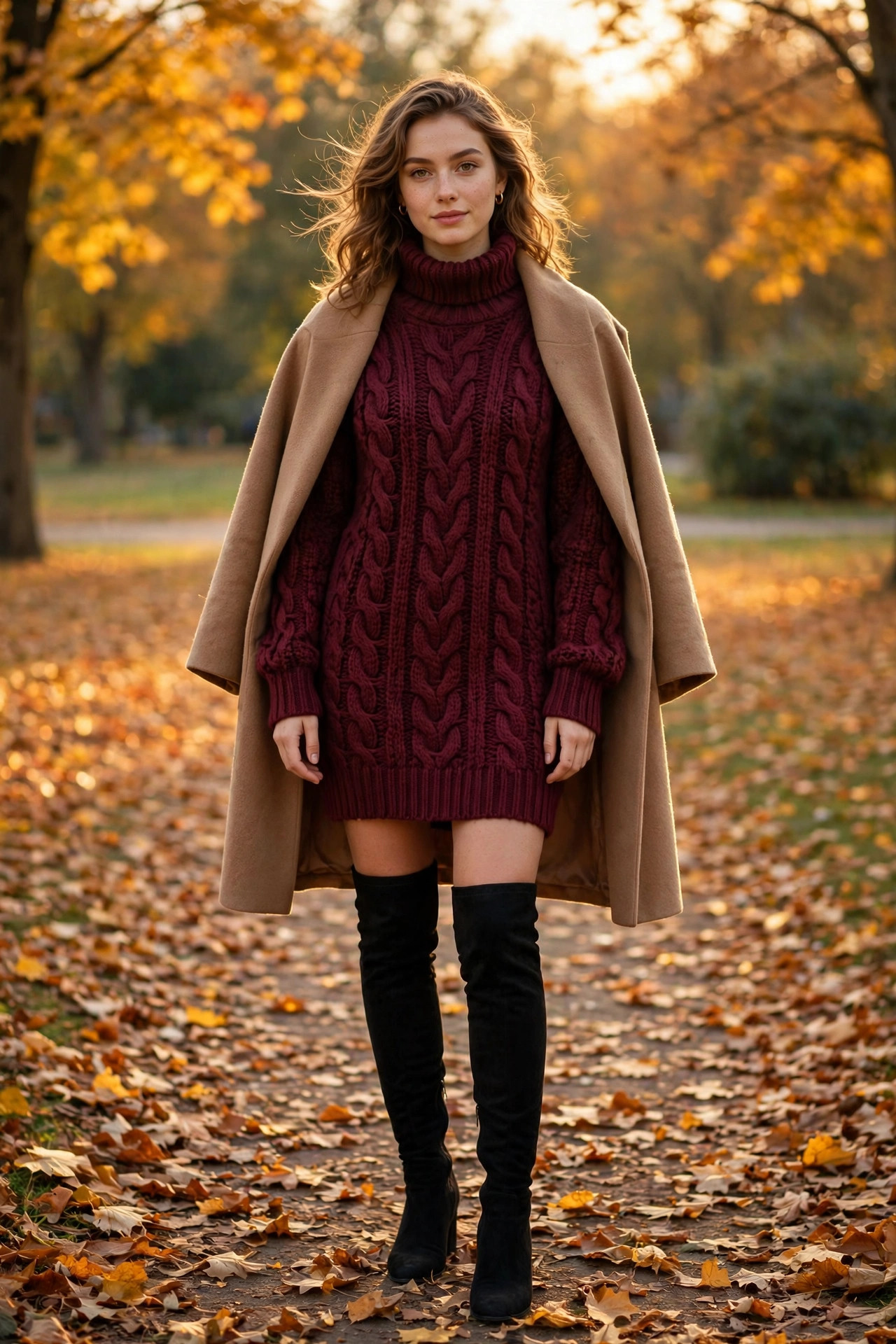Woman wearing a burgundy turtleneck sweater dress with over-knee boots and a wool coat in an autumn park