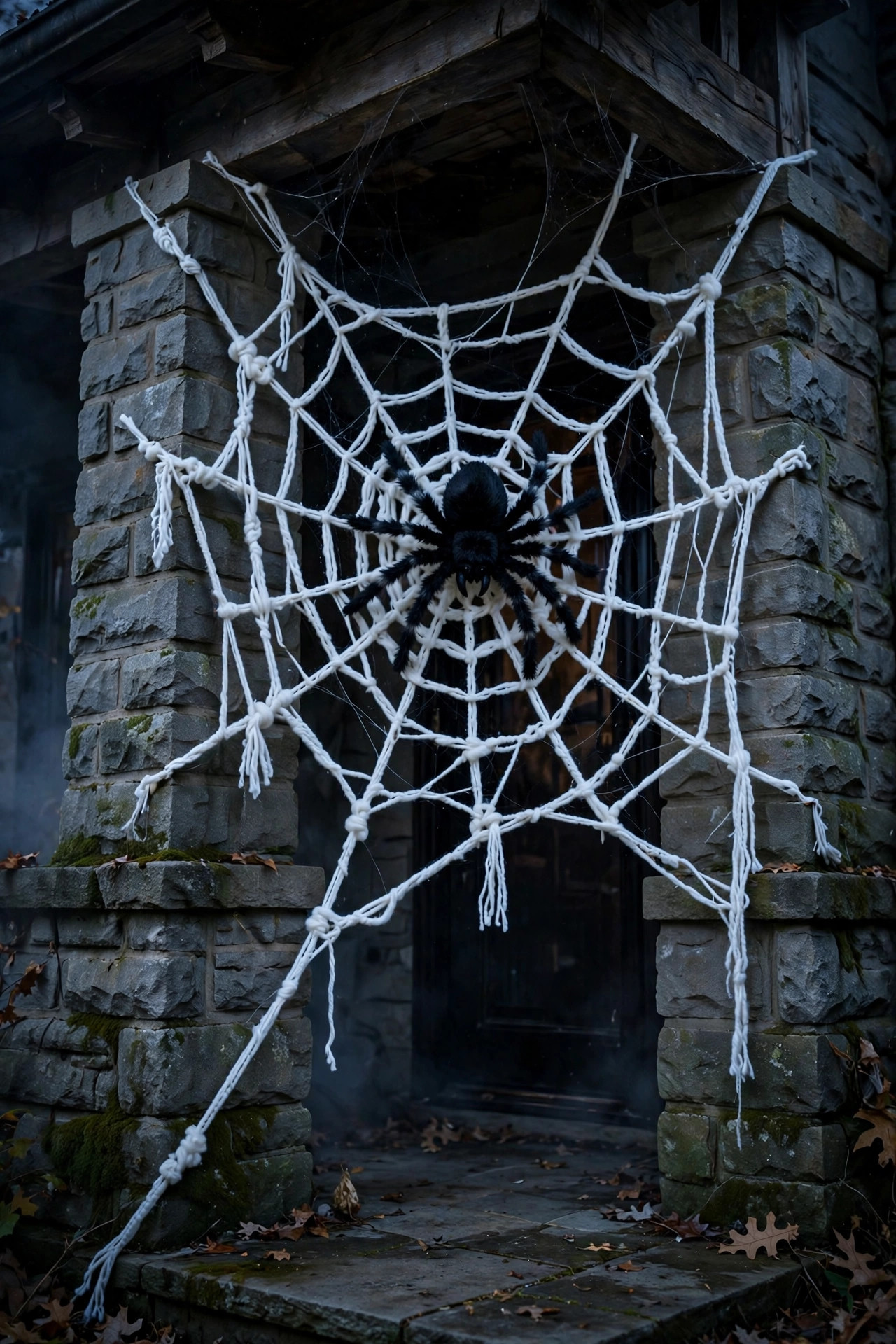 A huge white yarn spider web stretched across a porch entryway corner with an oversized faux spider