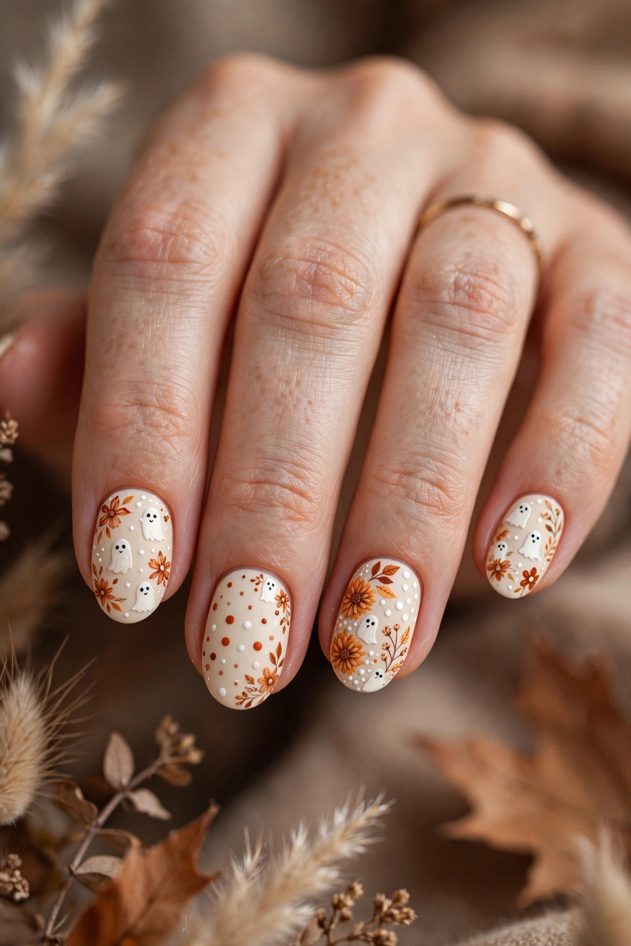 Cream nails with tiny white ghosts and hand-painted burnt orange fall flowers