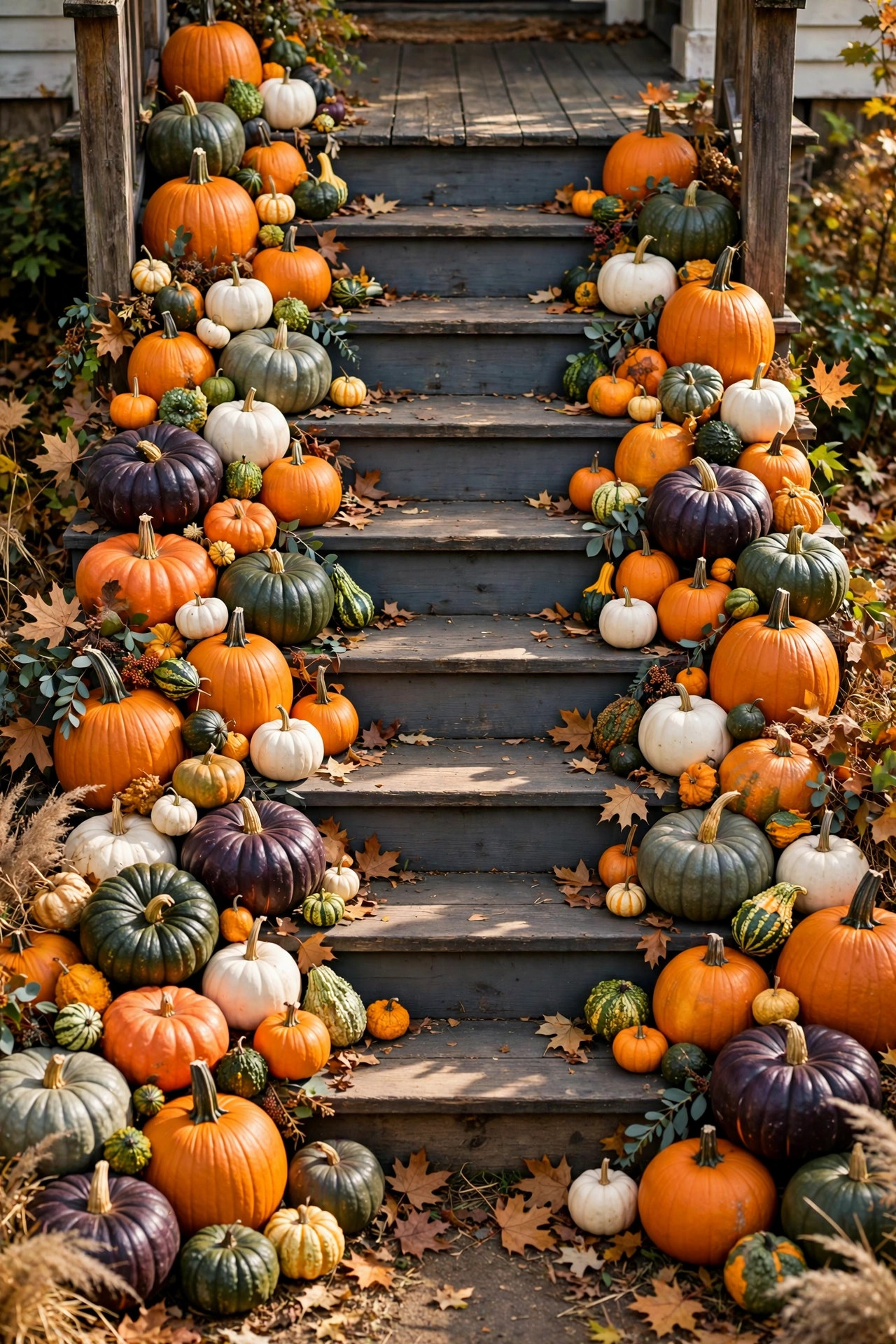 Porch steps covered with dozens of pumpkins in all sizes and colors cascading down both sides