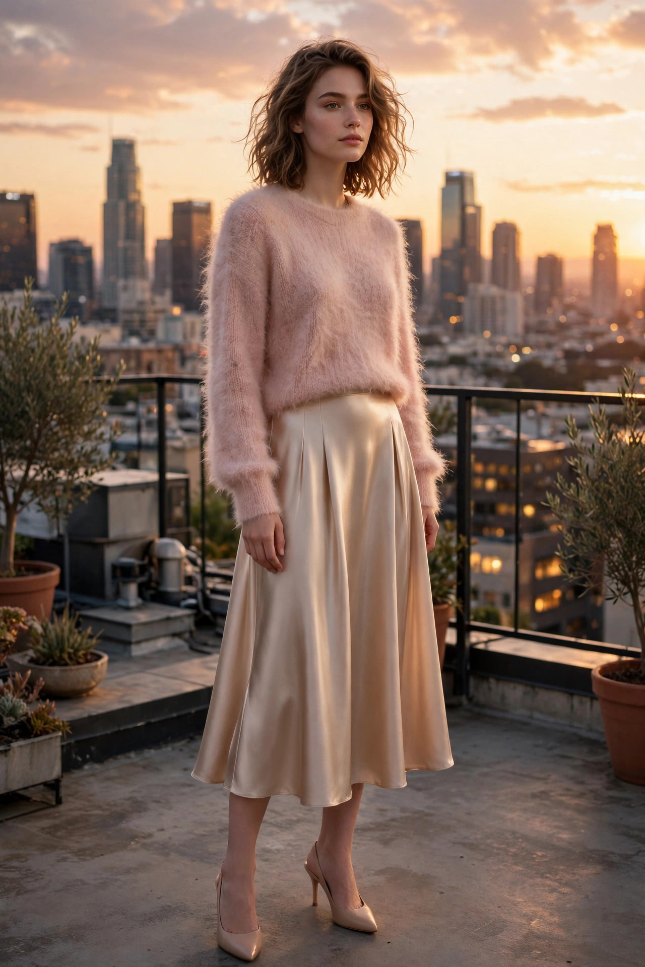 Woman wearing a blush mohair sweater with a champagne satin midi skirt and heels on a rooftop at sunset