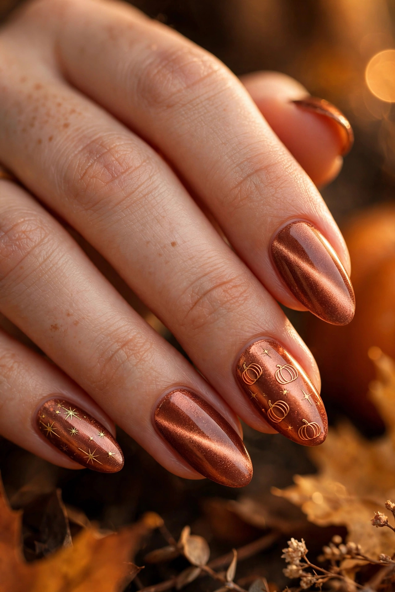 Copper magnetic cat-eye nails with tiny gold starbursts and pumpkin outlines