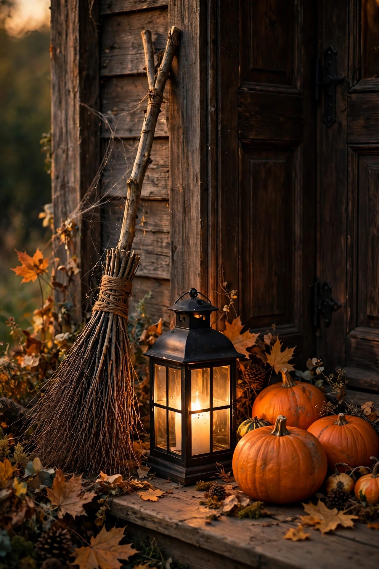 A rustic witch broom leaning against a porch wall next to a witch parking only sign and lanterns