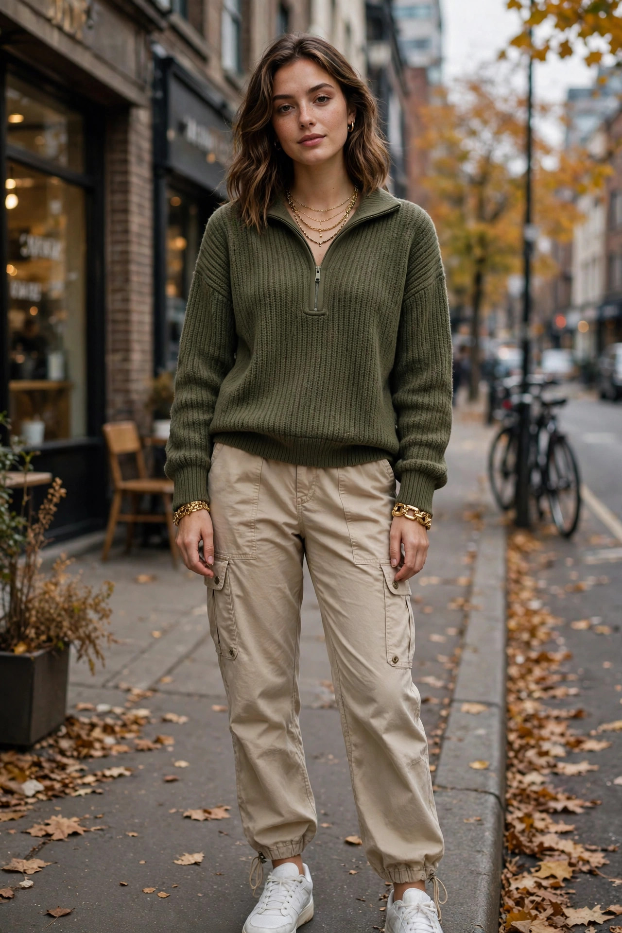 Woman wearing an olive half-zip sweater with beige cargo pants and white sneakers on an urban street