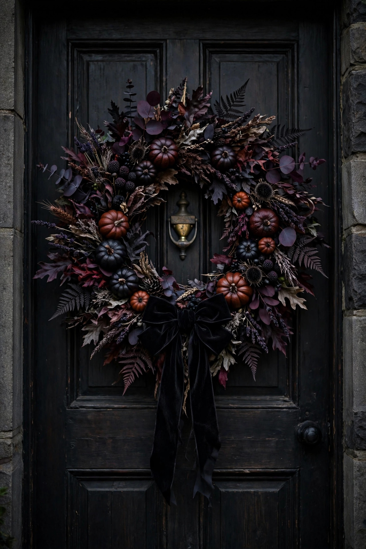A dramatic Halloween wreath on a front door with deep plum, burgundy, and black foliage, mini pumpkins, and dark berries
