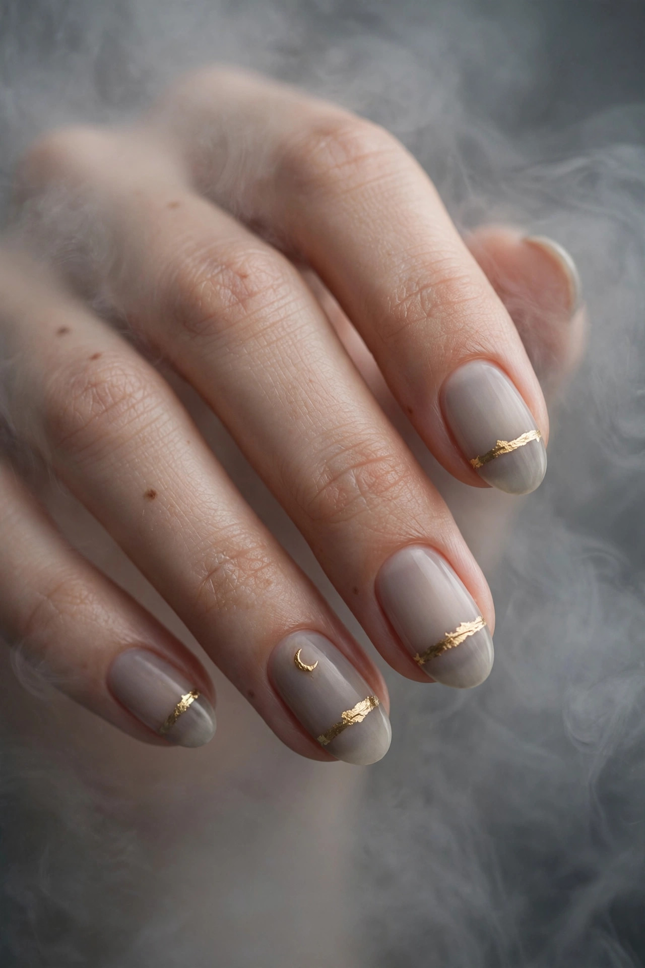 Translucent gray-beige nails with a thin gold foil stripe and tiny gold crescent moon