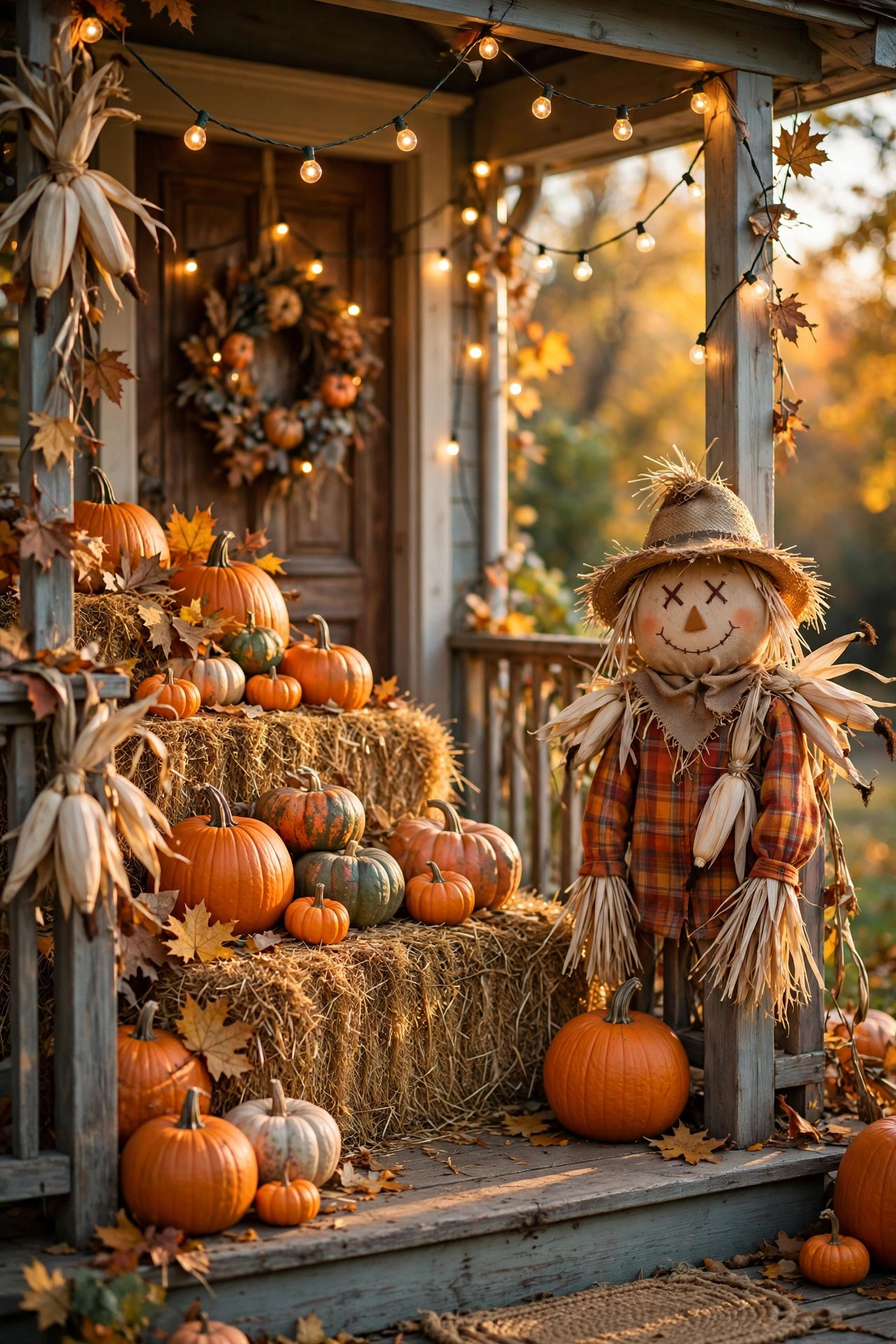 Hay bales on a porch stacked with pumpkins, a scarecrow, and corn husks, with string lights woven through