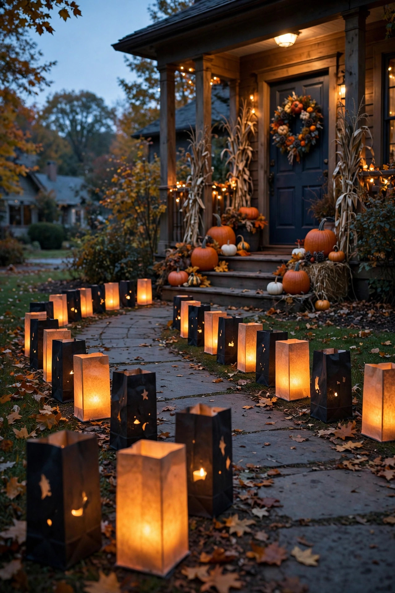 A walkway lined with black and orange paper luminarias glowing at dusk, leading to a decorated front porch